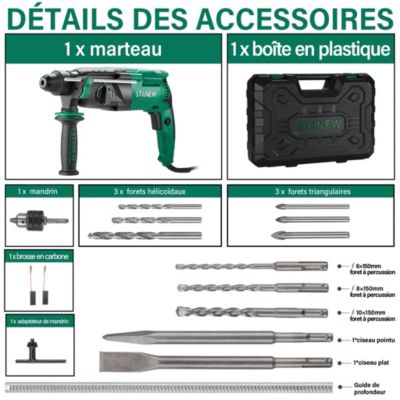Perceuse à percussion SDS Plus filaire 950 W, avec jeu d'accessoires 16 pièces, 0-1150 tr/min/5100 coups/min, adaptée au béton, à