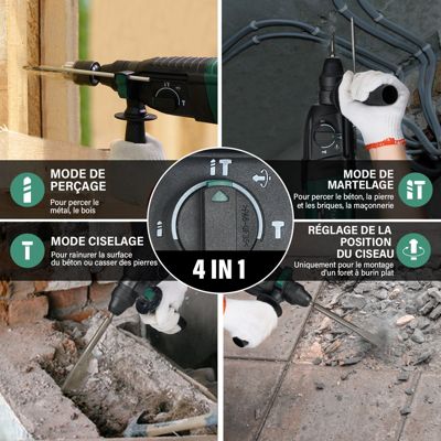 Perceuse à percussion SDS Plus filaire 950 W, avec jeu d'accessoires 16 pièces, 0-1150 tr/min/5100 coups/min, adaptée au béton, à