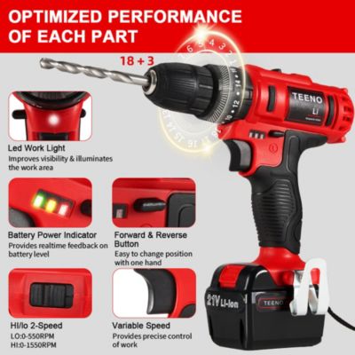 Perceuse-Visseuse À Percussion Sans Fil 45Nm, 21V 2X1.5Ah Batteries Li-Ion Tournevis Électrique