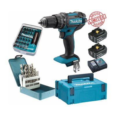 Perceuse visseuse à percussion Makita 18V 62Nm DHP482 + 2 batt 5 Ah + 30 embouts de vissage + 18 forets D-46202 Edition Limitée