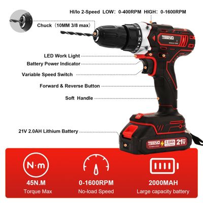 Perceuse Visseuse Sans Fil 21V Pour Batterie Makita 2x2.0Ah Batteries,45 Nm Visseuse Devisseuse Sans Fil,25+1 Réglages de Couple,2