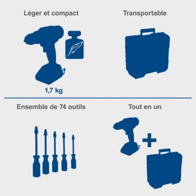 Perceuse-visseuse sans fil C-DTB74/1-X Scheppach IXES 20V - 50 Nm - Brushless - 1 batterie 2Ah+chargeur+coffret de 74 accessoires