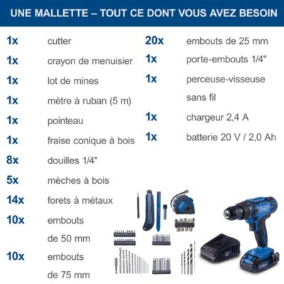 Perceuse-visseuse sans fil C-DTB74/1-X Scheppach IXES 20V - 50 Nm - Brushless - 1 batterie 2Ah+chargeur+coffret de 74 accessoires