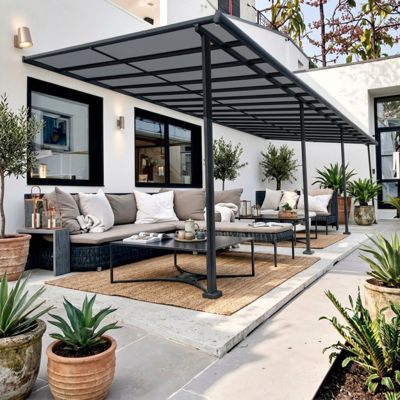 Pergola adossée aluminium 32m² X-Metal gris, kit ancrage inclus, toit polycarbonate anti-UV