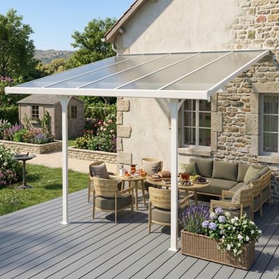 Pergola adossée aluminium blanc 9,57 m² toit polycarbonate anti-UV ajustable X-Metal