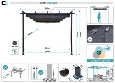 Pergola adossée MIRA 3x3m Toile Gris anthracite