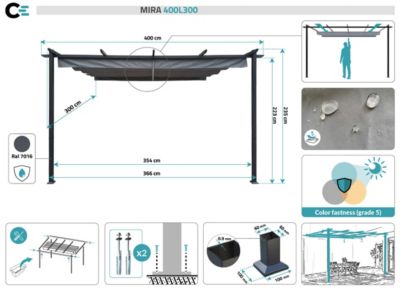 Pergola adossée MIRA 4x3m Toile Gris clair