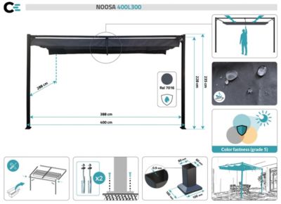 Pergola adossée NOOSA 4x3m Toile Gris anthracite