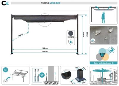 Pergola adossée NOOSA 4x3m Toile Gris clair