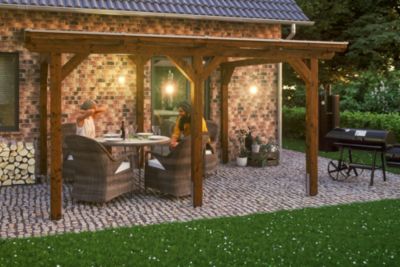Pergola adossée SKAN HOLZ SIENA 434x350cm, bois lamellé-collé, traitement coloré noyer