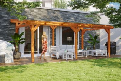 Pergola adossée SKAN HOLZ SIENA 648x300cm, bois lamellé-collé, traitement coloré chêne clair