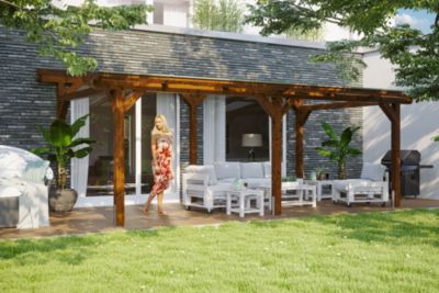 Pergola adossée SKAN HOLZ SIENA 648x350cm, bois lamellé-collé, traitement coloré noyer