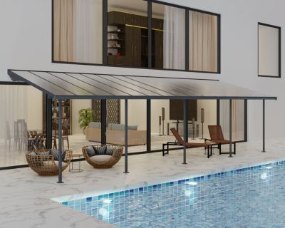 Pergola adossée Sierra Palram Canopia aluminium et polycarbonate gris 3 x 9,2m