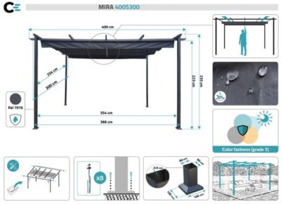 Pergola autoportée MIRA 4x3m Toile Gris anthracite