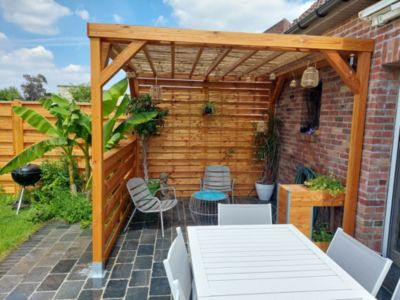Pergola autoportante en bois naturel sapin de Douglas modulable H.2,5 x l.2,9 m + 3 modules occultants