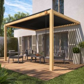 Pergola bioclimatique adossée 3 x 4 m en aluminium gris décor bois  Oviala