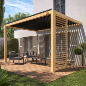 Pergola bioclimatique adossée 3 x 4 m gris décor bois avec 1 claustra  Oviala