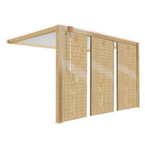 Pergola bioclimatique adossée 3 x 4m blanc décor bois avec 3 claustras  Oviala