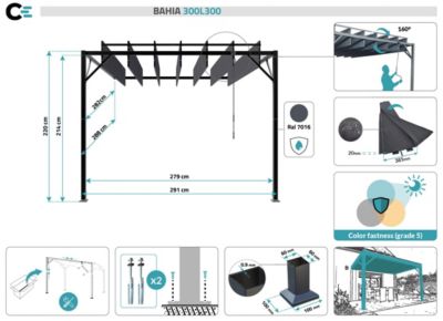 Pergola bioclimatique adossée BAHIA 3x3m Toile Gris anthracite