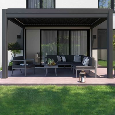 Pergola bioclimatique adossée et motorisée éclairée 3x4m et 3 stores  Oviala