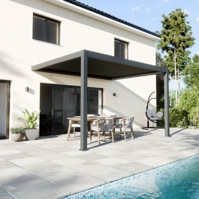 Pergola Bioclimatique Adossée Motorisée 12m² 3x4m Gris Anthracite STELLAR - Eclairage Intégré