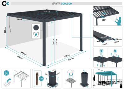 Pergola Bioclimatique adossée SANTA 3x3m aluminium gris