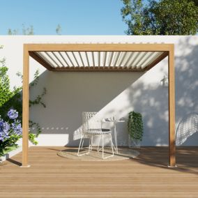 Pergola bioclimatique adossée motorisée Salto Alumin'home aluminium aspect bois - 3 x 3 m avec LED intégrés
