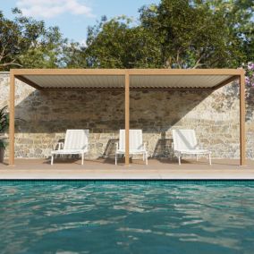 Pergola bioclimatique adossée motorisée Salto Alumin'home aluminium aspect bois - 3 x 6 m avec LED intégrés