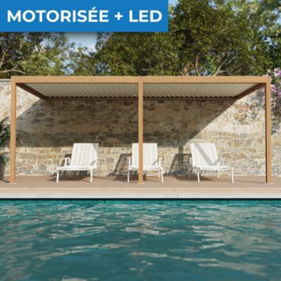 Pergola bioclimatique adossée motorisée Salto Alumin'home aluminium aspect bois - 6 x 3 m avec LED intégrés