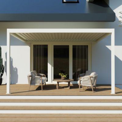Pergola bioclimatique adossée motorisée Salto Alumin'home aluminium blanc RAL 9010 - 4 x 3 m avec LED intégrés