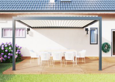 Pergola bioclimatique adossée motorisée Salto Alumin'home aluminium gris foncé RAL 7016 - 4 x 3,5 ma vec LED intégrés