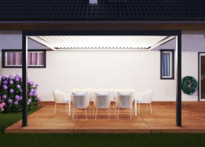 Pergola bioclimatique adossée motorisée Salto Alumin'home aluminium gris foncé RAL 7016 - 4 x 3,5 ma vec LED intégrés
