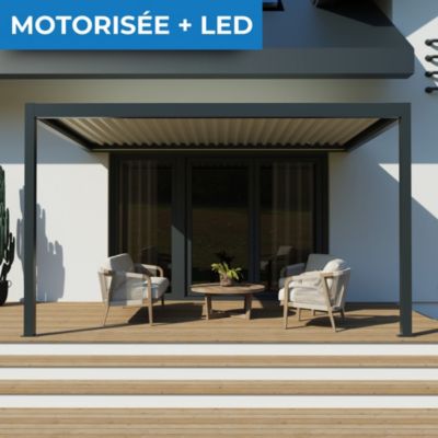 Pergola bioclimatique adossée motorisée Salto Alumin'home aluminium gris foncé RAL 7016 - 4 x 3 m avec LED intégrés