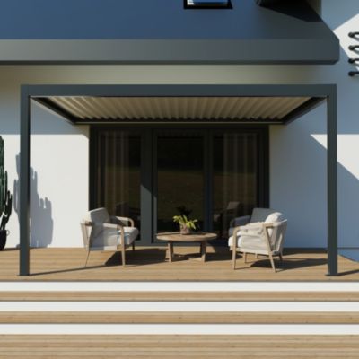 Pergola bioclimatique adossée motorisée Salto Alumin'home aluminium gris foncé RAL 7016 - 4 x 3 m avec LED intégrés