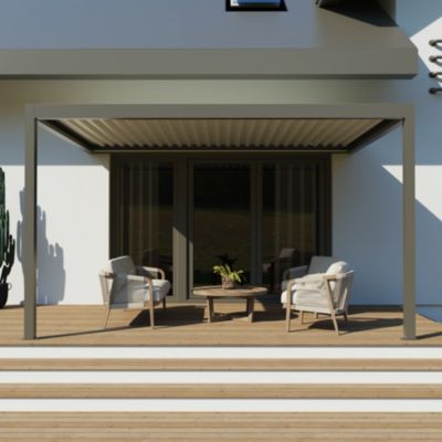 Pergola bioclimatique adossée motorisée Salto Alumin'home aluminium gris taupe RAL 7039 - 4 x 3 m avec LED intégrés