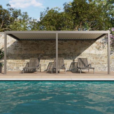 Pergola bioclimatique adossée motorisée Salto Alumin'home aluminium gris taupe RAL 7039 - 6 x 3 m avec LED intégrés