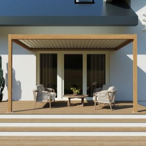 Pergola bioclimatique adossée motorisée Salto Sublim aluminium coloris chêne Alumin'home 3 x 4 m Led intégrée
