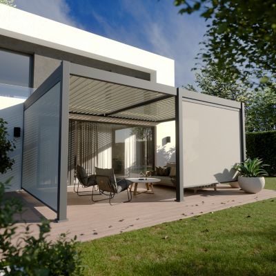 Pergola Bioclimatique Aluminium Adossée 19m² - 3,6x5,3 - Deux Stores Inclus  - Anthracite - 34 lames en Aluminium a 120 degrés