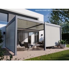 Pergola Bioclimatique Aluminium Adossée 19m² - 3,6x5,3 - Deux Stores Inclus  - Anthracite - 34 lames en Aluminium a 120 degrés