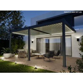 Pergola Bioclimatique Aluminium Adossée 19m² - 3,6x5,3 - Kit LED Inclus - Anthracite - 34 lames en Aluminium a 120 degrés - HALO