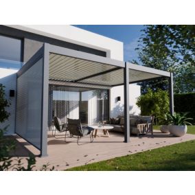 Pergola Bioclimatique Aluminium Adossée 19m² - 3,6x5,3 - Store Latéral - Anthracite - 34 lames Inclinables Jusque 120 degrés