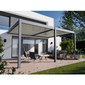 Pergola Bioclimatique Aluminium Adossee 19 m² - 3,6 x 5,3m - Gris - Lames Orientables de 0 à 120 degrés - HALO 19