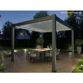 Pergola Bioclimatique Aluminium Autoportée 12m² -  3x4 - Kit LED Inclus - Anthracite - Lames en Aluminium a 120 degrés - ECLIPSE