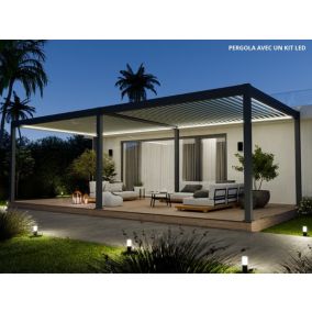 Pergola Bioclimatique Aluminium Autoportée 32m² - 4x8m - Kit LED Inclus - Anthracite - 50 lames en Aluminium a 120 degrés