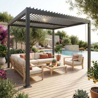Pergola bioclimatique anthracite. aluminium et acier. 3x3m. lames orientables