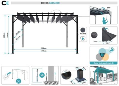 Pergola bioclimatique autoportée BAHIA 4x3m Toile Gris anthracite - Lames orientables