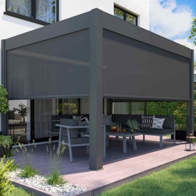 Pergola bioclimatique autoportée motorisée éclairée 3x4m et 2 stores  Oviala