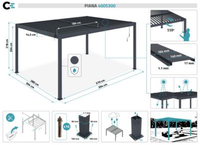 Pergola bioclimatique autoportée PIANA 4x3m aluminium gris - Lames orientables
