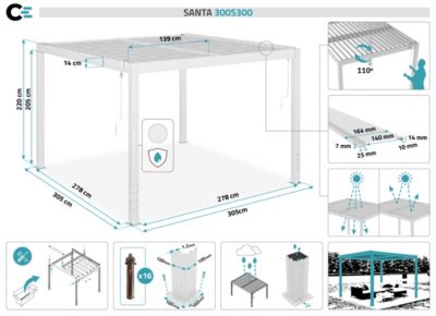 Pergola Bioclimatique autoportée SANTA 3x3m aluminium blanc