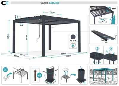 Pergola bioclimatique autoportée SANTA 4x3m aluminium gris